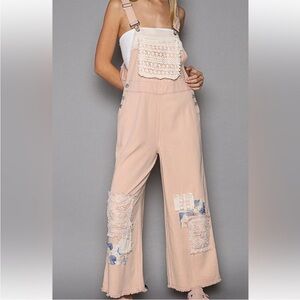POL Peach Lace Patchwork Overalls - Wide Leg Jumpsuit